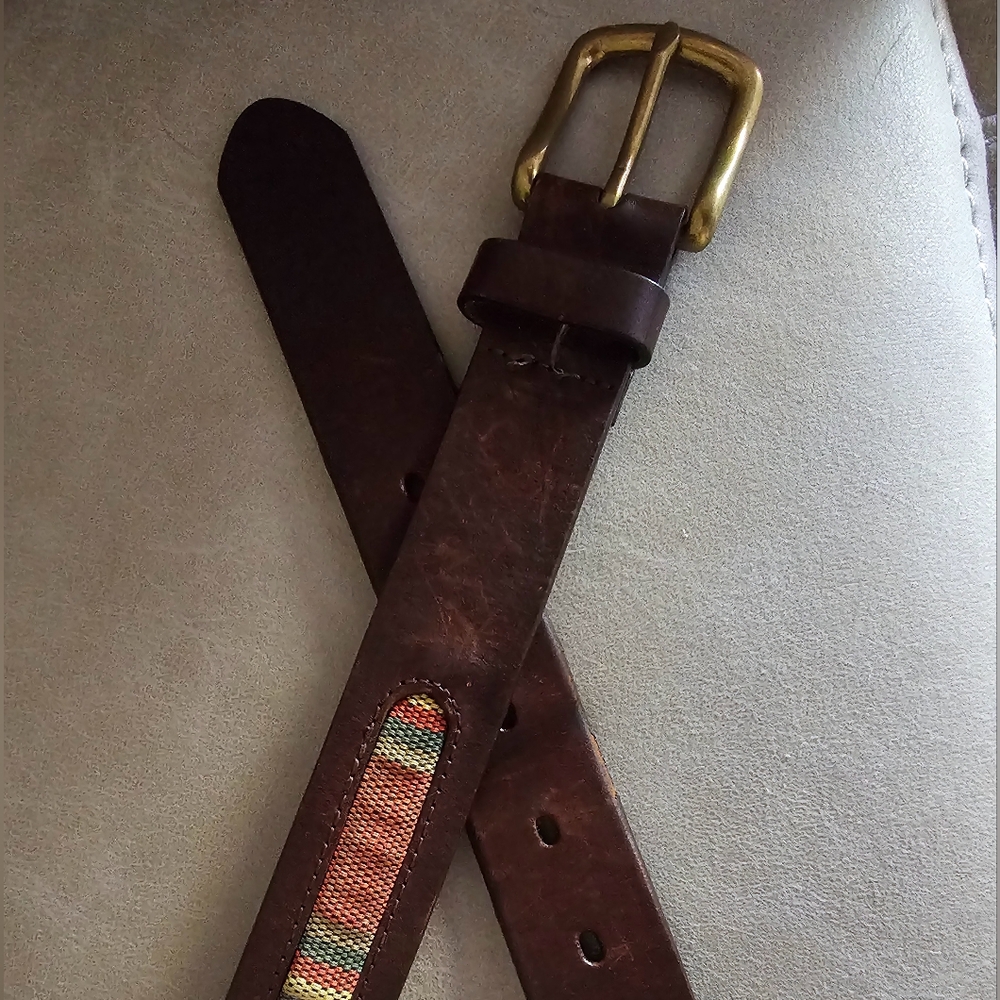 Duluth trading leather fabric decor‎ ethnic bohemian brown belt size 36